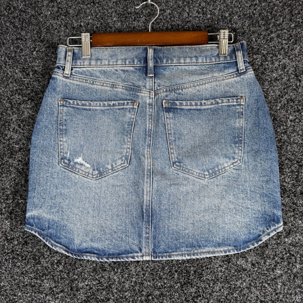 Express Conscious Edit Denim Mini Skirt Medium Wash Distressed Curved Hem Size 2 - Picture 4 of 6